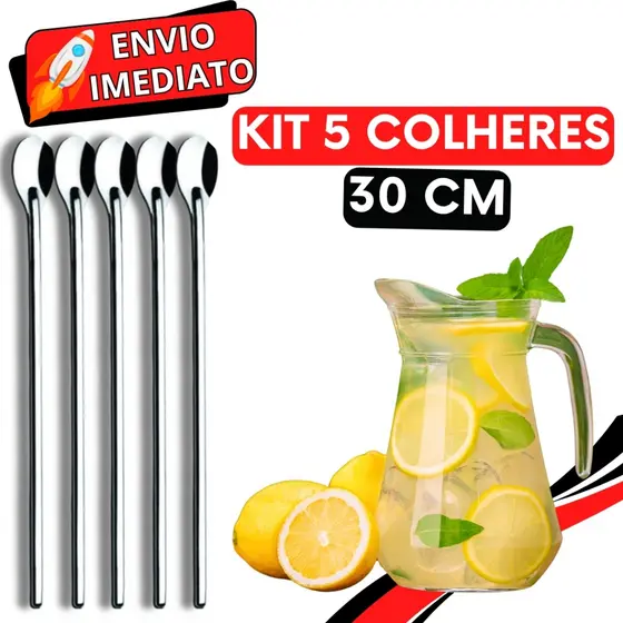 KIT 5 Colher de Suco Jarra GRANDE Coquetel Drink Aço Inox de Cozinha Padaria Bar Restaurante Casa para Bartender Barman