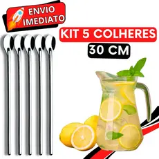 KIT 5 Colher de Suco Jarra GRANDE Coquetel Drink Aço Inox de Cozinha Padaria Bar Restaurante Casa para Bartender Barman