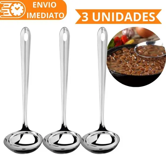 KIT 3 Concha de Feijão 100% Aço Inox GRANDE Resistente para Servir Molho Feijão Sopa para Casa Restaurante Buffet