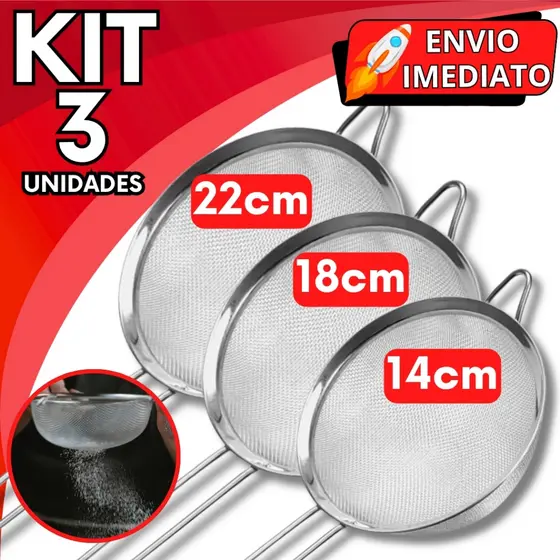 KIT 1/3 Unid Peneira Coador Manual de Aço Inox 22cm 18cm 14cm 8cm de Cozinha para Casa Restaurante para Farinha Oleo