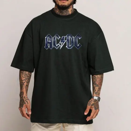 Camiseta Oversized Ac Dc Power Up Neon Logo Vin 100% Algodão