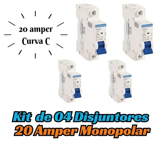 Kit 04 Disjuntores Unipolar 20A Curva C Din Tramontina Tdj3 3ka