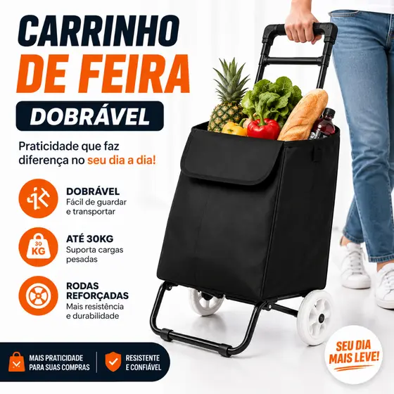 Carrinho de Feira Reforçado 30kg Dobrável Resistente Supermercado Rodas Firmes