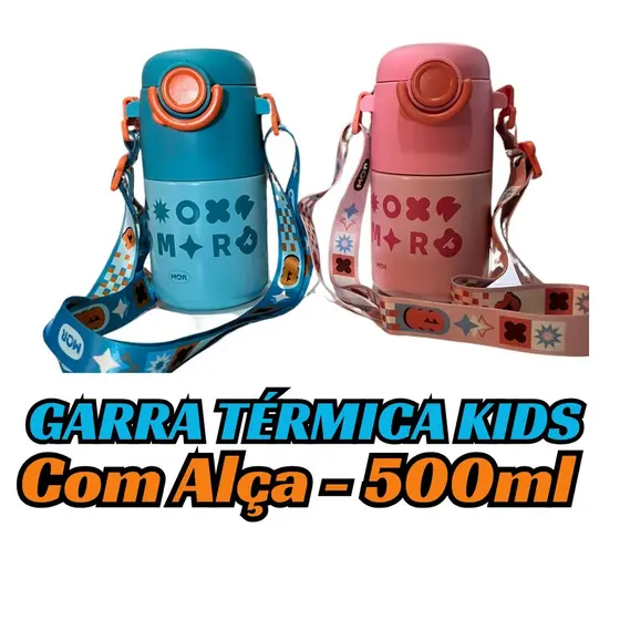 GARRAFA TERMICA KIDS COM  ALÇA CORES AZUL OU ROSA 500ML