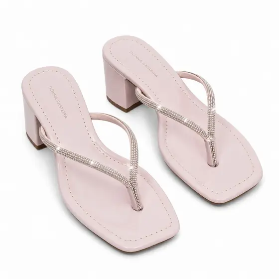 Tamanco Feminino Strass Salto Bloco Bico Quadrado Palmilha Confort Elegante Sandália Aplique em Strass 221