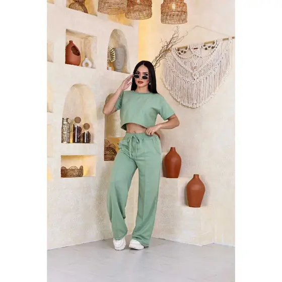 Conjunto Feminino de Moletinho Calça e Blusa Manga Curta Conjunto Inverno Casual Confortável