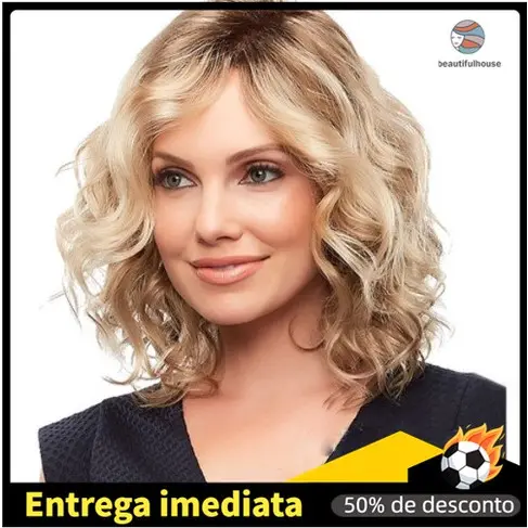 Peruca Curta Loira Cacheada Feminina / Parte Lateral / Ondulada / Comprimento dos Ombros / Casual BPGT