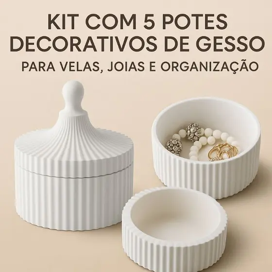 Kit Potes Decorativos de Gesso com Tampa Ideal para Velas, Porta-Jóias e Objetos  Estilo Minimalista