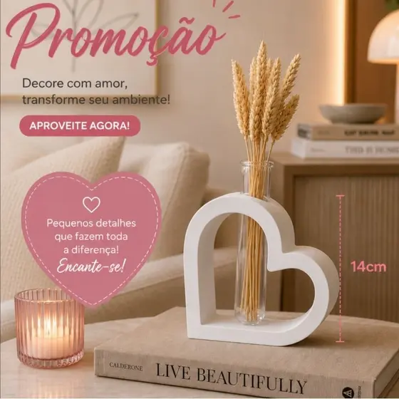 Vaso Decorativo moderno com Tubo de Vidro – Vaso coração de Gesso Moderno Boho para Sala e Quarto