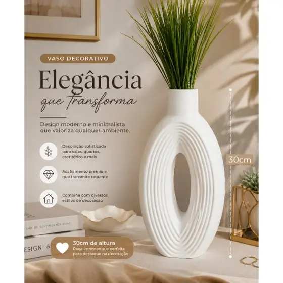 Vaso Decorativo Moderno 30cm em Gesso Cru Branco Design Vazado Minimalista para Sala Quarto Aparador