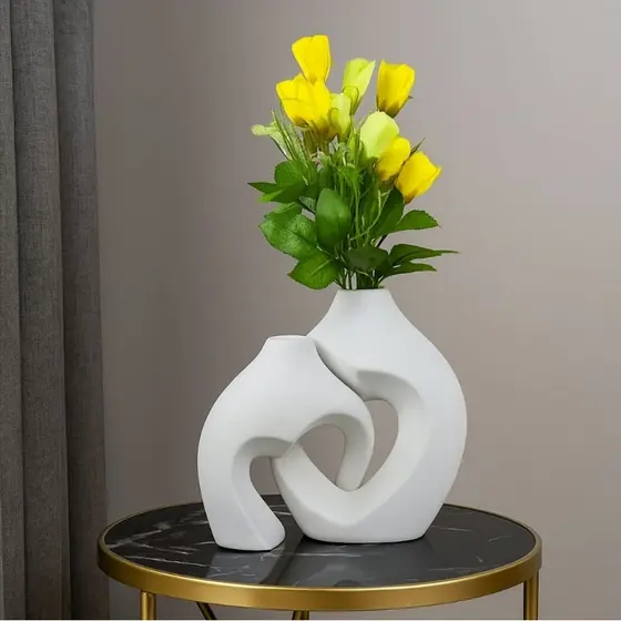 Vaso Duplo Mônaco Coração em Gesso Cru  Separável Decorativo Moderno Minimalista