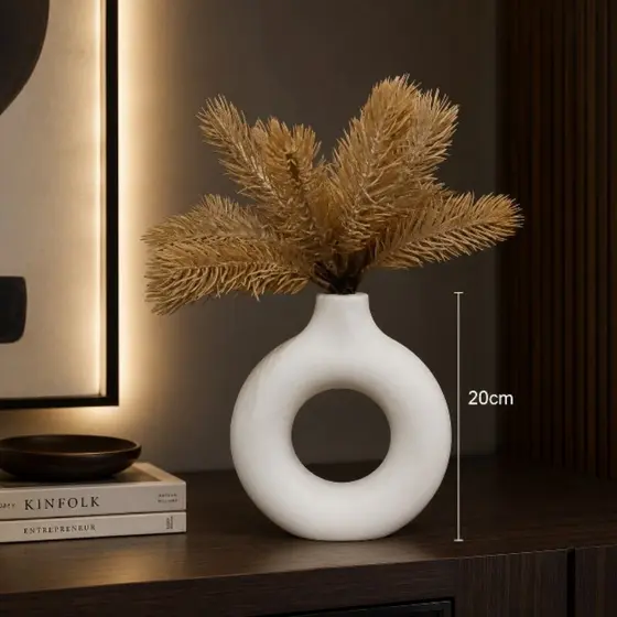 Vaso Decorativo Donut Gesso Cru 20cm Minimalista Moderno Boho Vaso Redondo para Sala Mesa Aparador