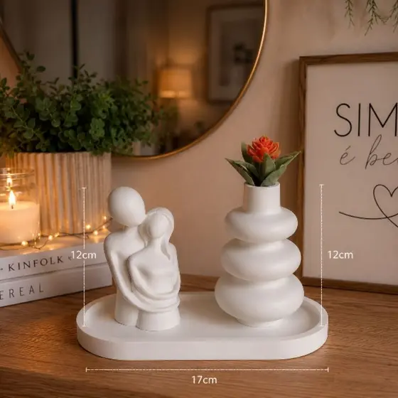 Kit Decorativo Bandeja + Vaso de Gesso + Escultura Casal ou unidade Decoração Sala Quarto Boho Luxo