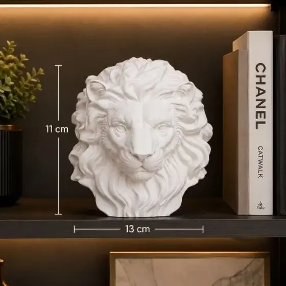 Escultura Cabeça de Leão em Gesso Cru 13cm Decoração Luxo Moderna Sala Escritório
