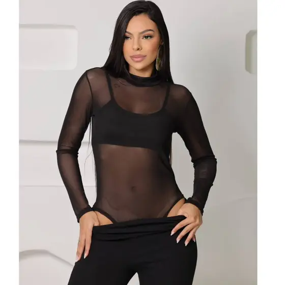 Body Feminino Tule Premium Gola Alta Transparente Manga Longa Moda Gringa Blogueira Elegante Luxo