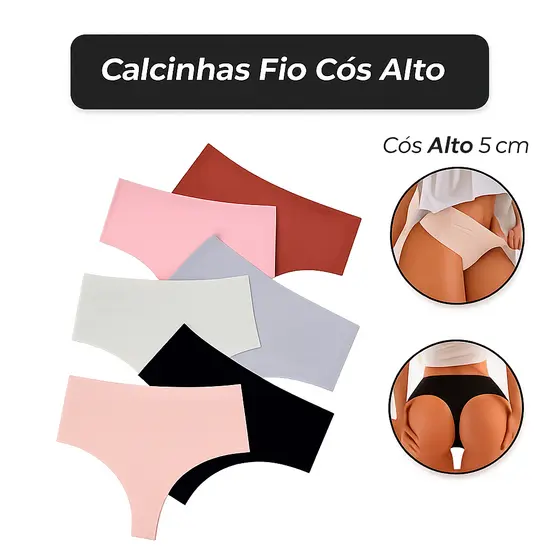 Kit 5/3 Calcinhas Cos Alto Fio Dental Modeladora Sem Costura Corte Laser