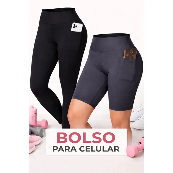 Kit Calça + Bermuda Feminina Academia Cós Alto com Bolso para Celular Suplex Zero Transparência