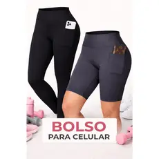 Kit Calça + Bermuda Feminina Academia Cós Alto com Bolso para Celular Suplex Zero Transparência
