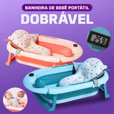 Banheira Azul ou Rosa para bebe com termômetro digital + almofada + chuveirinho de mão Dobrável