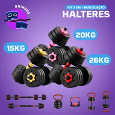 【15KG/20KG/26KG】Kit Halteres 6 Em 1 15/20/26Kg Musculação Ajustável Kettlebell Barra Anilha
