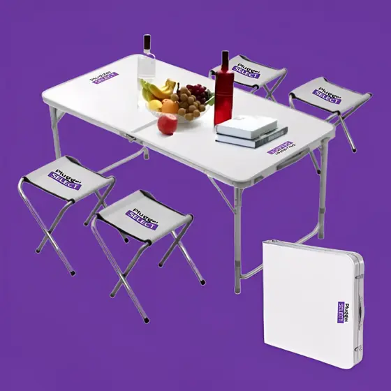 Mesa Dobrável Portátil Vira Maleta Camping Praia 120x60cm com 4 Banquinhos Dobráveis Branco