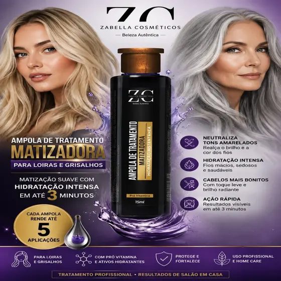 Ampola Matizadora Zabella Profissional Para Loiras e Grisalhos Hidratação Instantânea 15ml