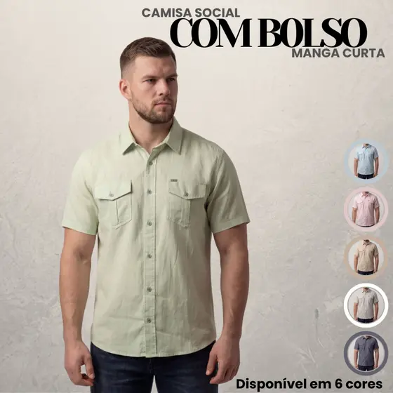 Camisa Social Masculina Manga Curta Com Bolso Prega Macho 100% Algodão Marrakesh