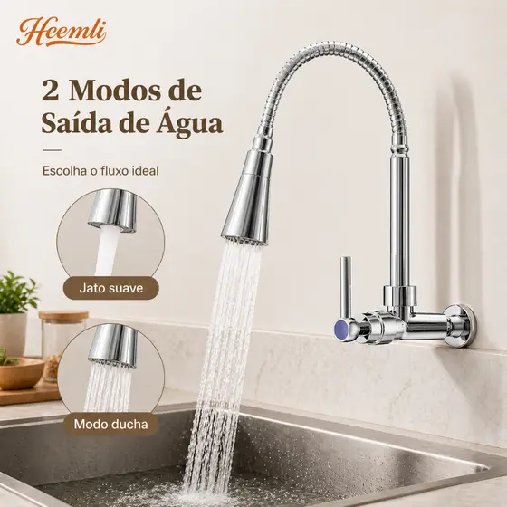 Torneira Gourmet Heemli para Cozinha de Parede com Chuveiro Flexível 360° para Pia Cromada