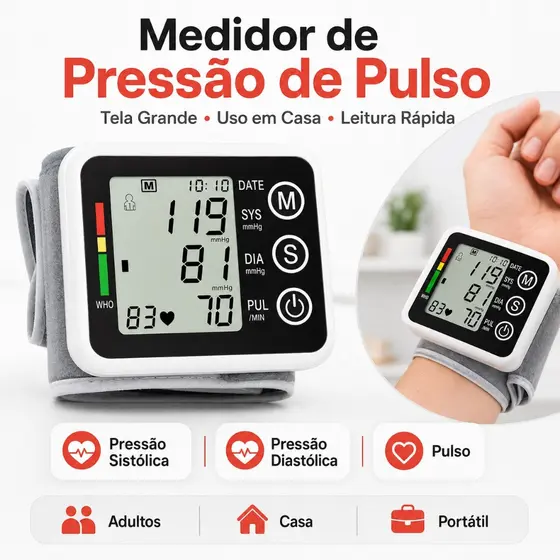 🩺 Medidor de Pressão Arterial de Pulso Digital Automático, Monitor de Pressão com Tela Grande