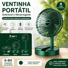 Ventilador Portátil Dobrável Retrátil USB Recarregável 3 Velocidades Silencioso para Mesa, Escritório e Casa