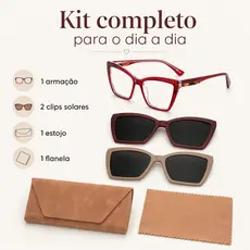 Armação de Óculos de Grau Feminina Olho de Gato + Kit 2 Clip-On Solar UV Estojo e Pano Inclusos Tamanho Padrão 56-17-140