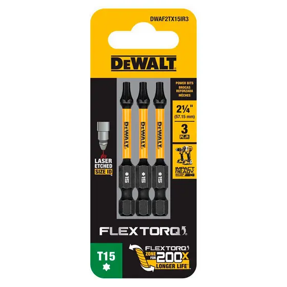 Kit com 3 Bits Torx de Impacto T15 x 50mm Flextorq Dewalt DWAF2TX15IR3
