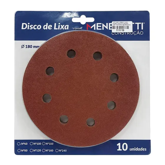 Kit com 10 Discos de Lixa 7" (180mm) Grão 120 com 8 Furos Menegotti