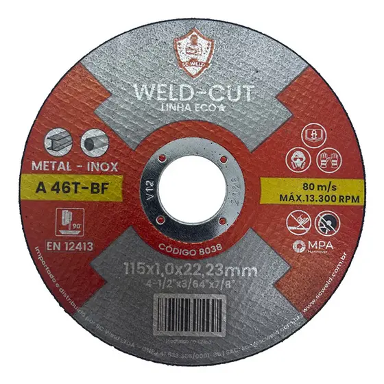 Disco de Corte 4.1/2" para Aço Carbono e Inox 115 x 1,0 x 22,23mm SC Weld ECO 8038