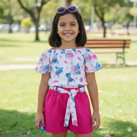 conjunto Infantil feminino stitch short + blusa ombro a ombro azul ou rosa