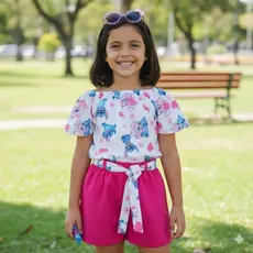 conjunto Infantil feminino stitch short + blusa ombro a ombro azul ou rosa