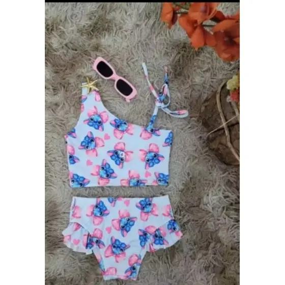 Biquíni Infantil Feminino Stitch  Laço  e Babados proteção UV