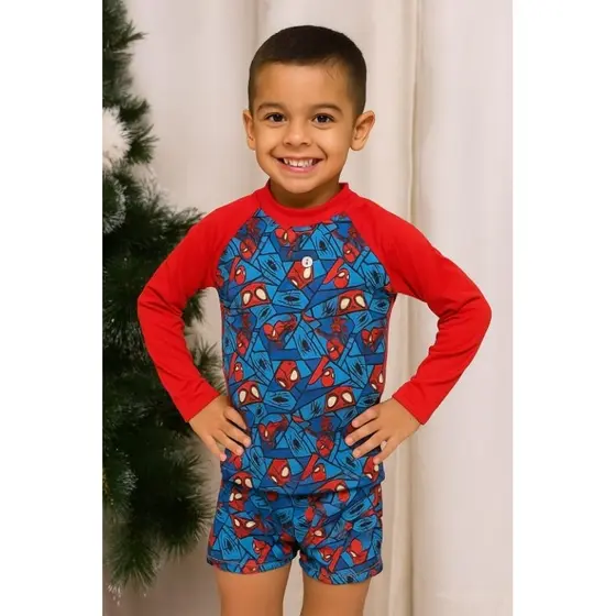 conjunto Infantil Herói Menino proteção UV50 camiseta manga longa sunga personagem