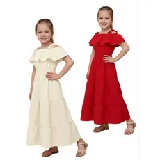 Vestido Infantil Longo Ombro a Ombro com Babado |  vestido logo  e vermelho para festa , ano novo , natal