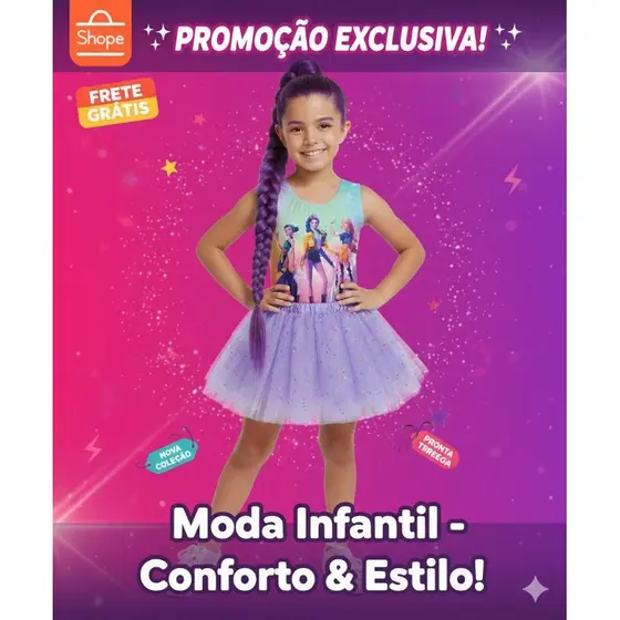 Body Infantil Menina Huntrix Guerreiras do K-Pop Fantasia de Carnaval Colorido acompanha tutu