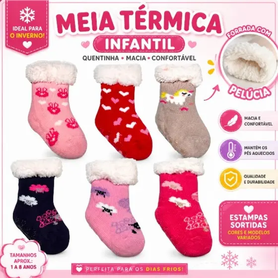 Meia Infantil Pantufa Térmica Antiderrapante Forrada Peluciada Quentinha Inverno