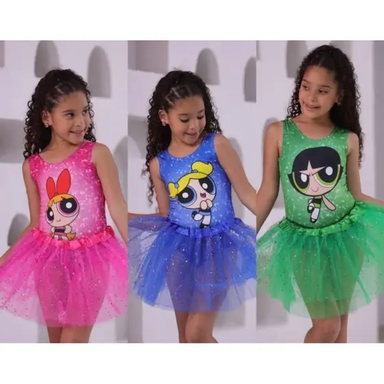 Fantasia Carnaval Infantil Menina Super Poderosa Body/Bory + Saia de Tule Tutu Colorida