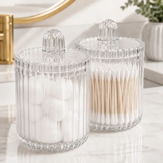 Porta Cotonete e Algodão Acrílico Canelado Premium Organizador Decorativo para Banheiro e Lavabo