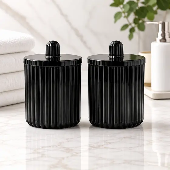 Porta Cotonete e Algodão Acrílico Canelado Premium Organizador Decorativo para Banheiro e Lavabo Preto