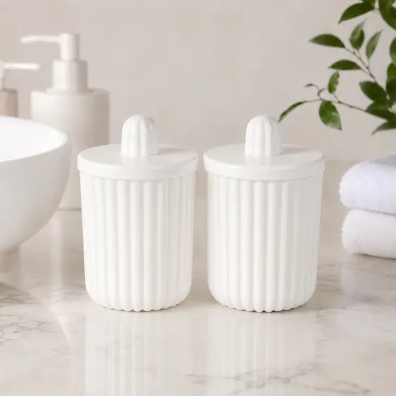 Porta Cotonete e Algodão Acrílico Canelado Premium Organizador Decorativo para Banheiro e Lavabo Branco