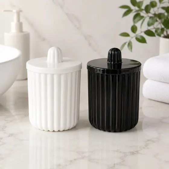 Porta Cotonete e Algodão Acrílico Canelado Premium Organizador Decorativo para Banheiro e Lavabo