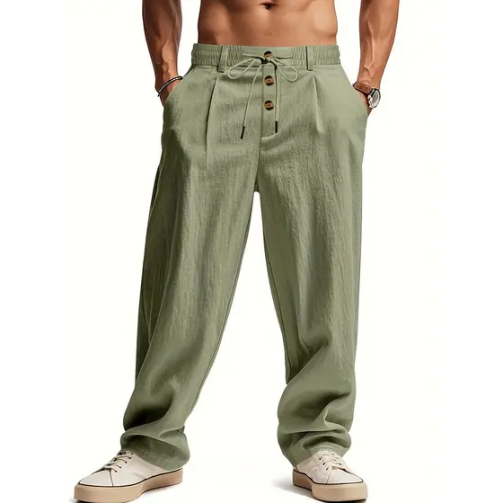 Moda masculina linho refrescante respirável cintura elástica cordão calças leves Design de botão simples adequado para p