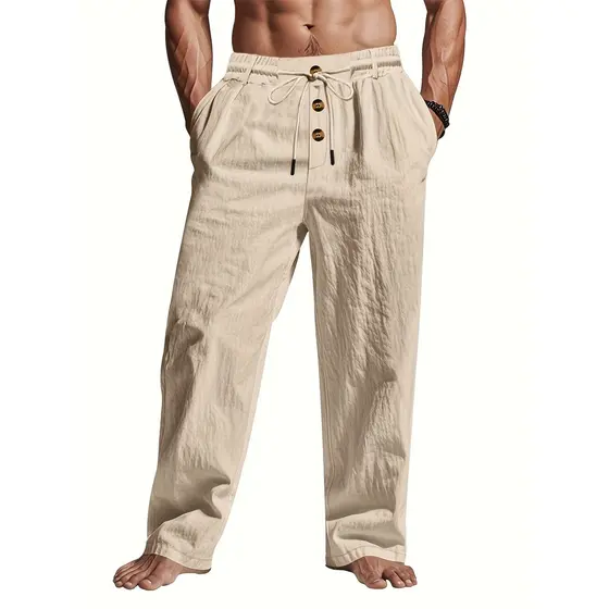 Calças masculinas leves de linho de perna reta com cordão e botões decorativos - respiráveis, elegantes calças casuais d