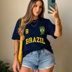 Blusa Feminina Brasil Hexa T-shirt Verão Manga Curta 100 Algodão