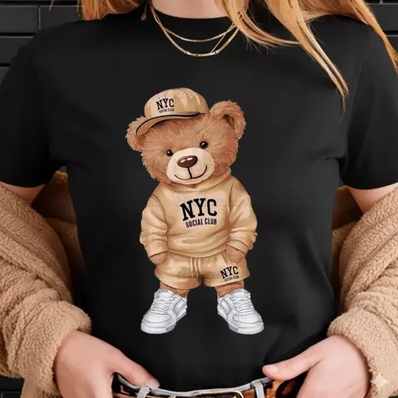 Camiseta Estampada Urso NYC modinha T-Shirt 100% Algodão Feminino Unissex